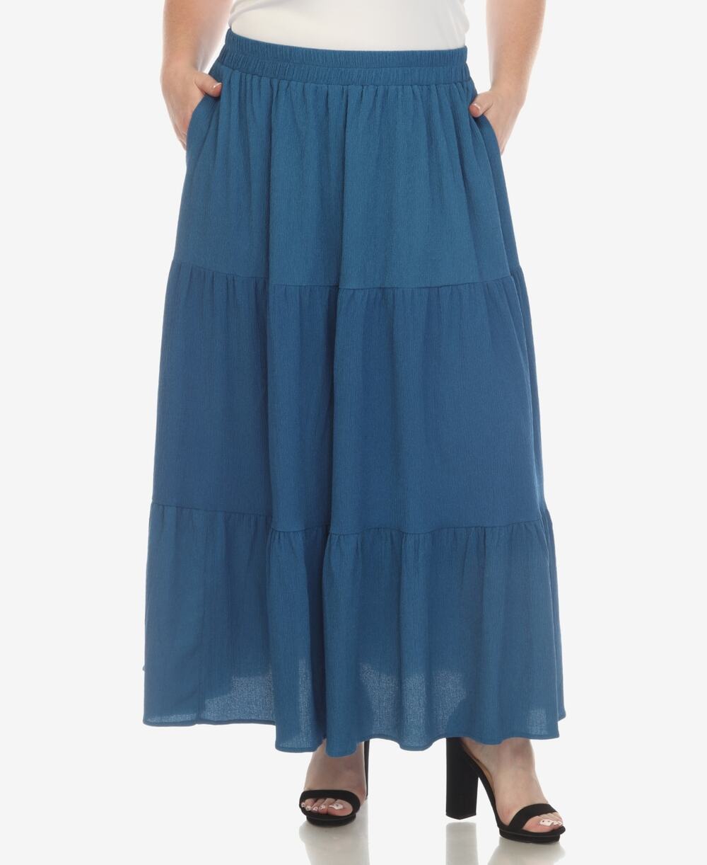 White Mark Pleated Tiered Maxi Skirt Pockets Royal Blue Plus Size 2X